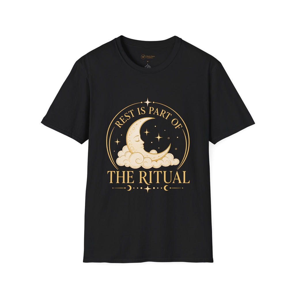 Navy moon graphic T-shirt shown from an alternate angle