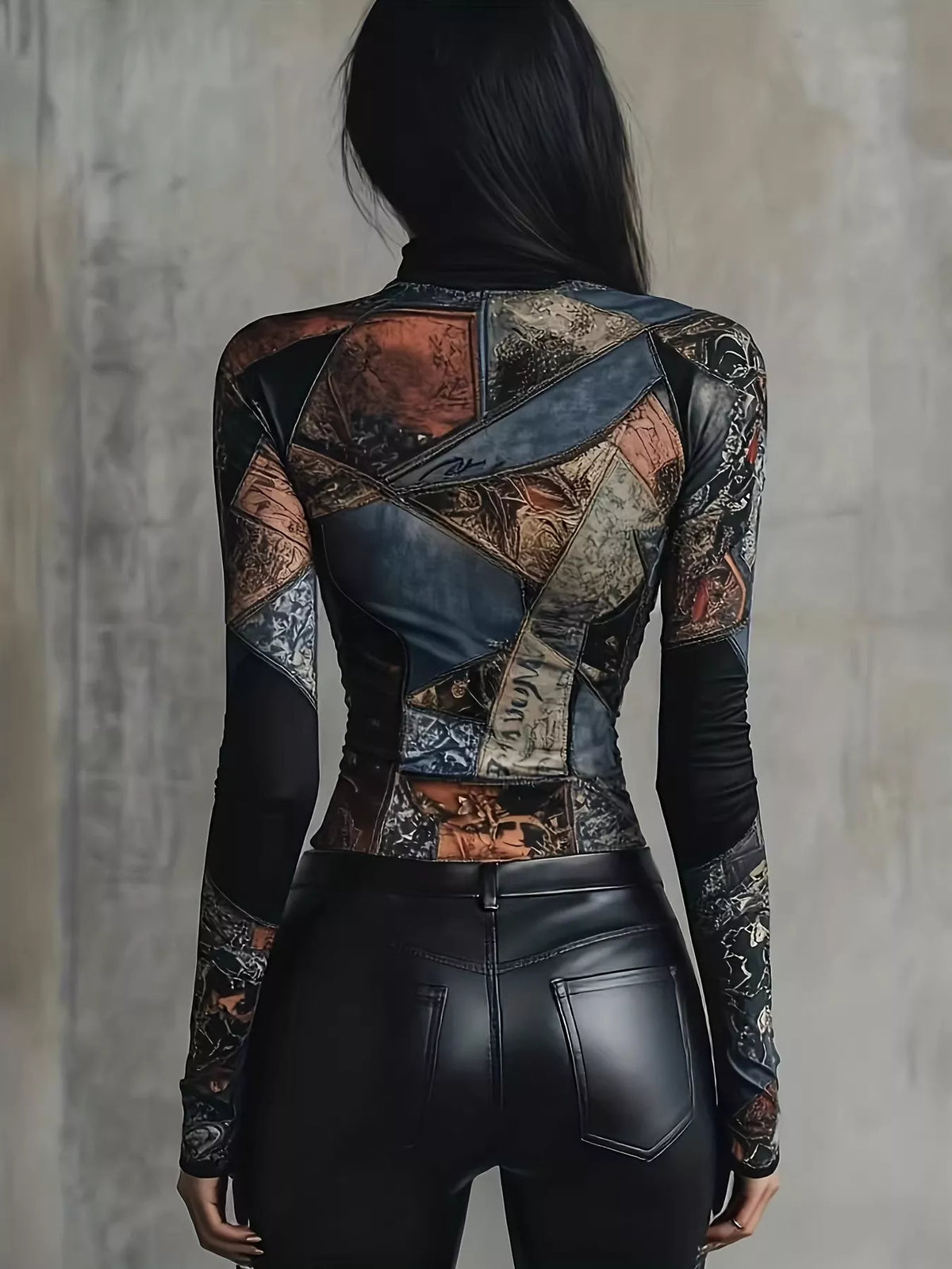Patchwork-print mock neck top with fitted long sleeves - alternate product view