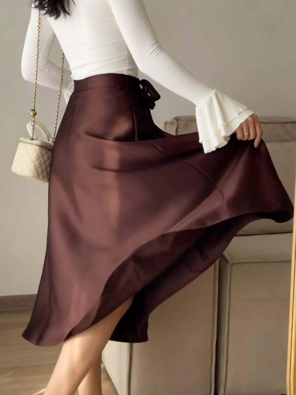 Burgundy satin-look midi skirt with a softly tied waist - alternate product view