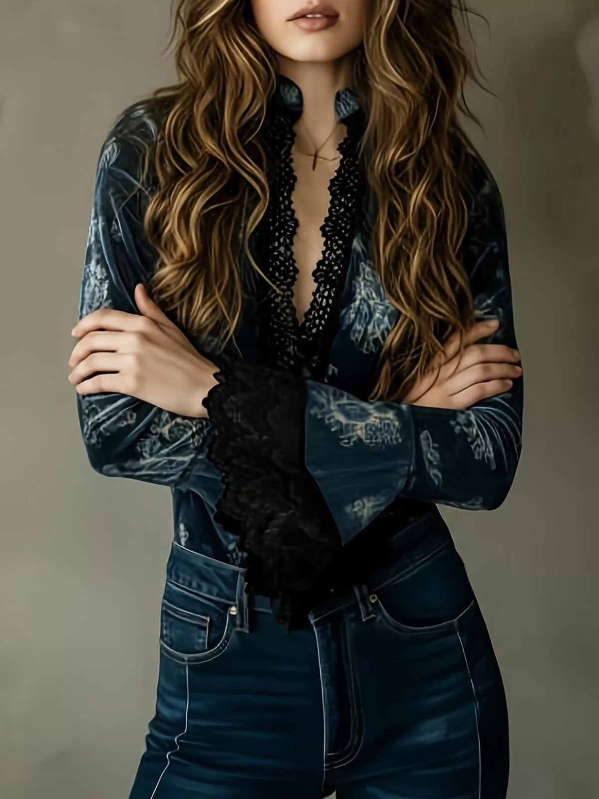 Midnight floral blouse with black lace trim and flared sleeves - alternate product view