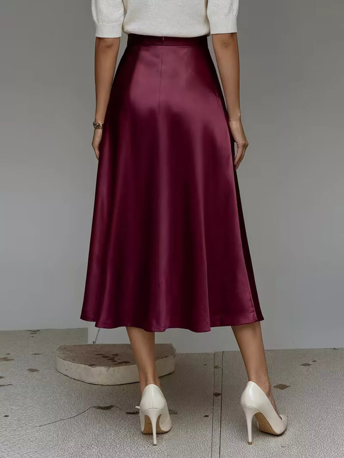 Flowing satin midi skirt with an A-line silhouette and pockets - alternate product view
