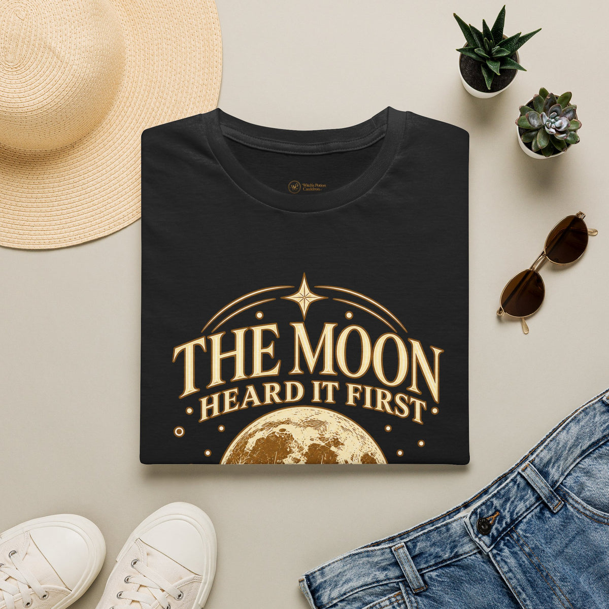 Full moon and cloud artwork on The Moon Heard It First tee