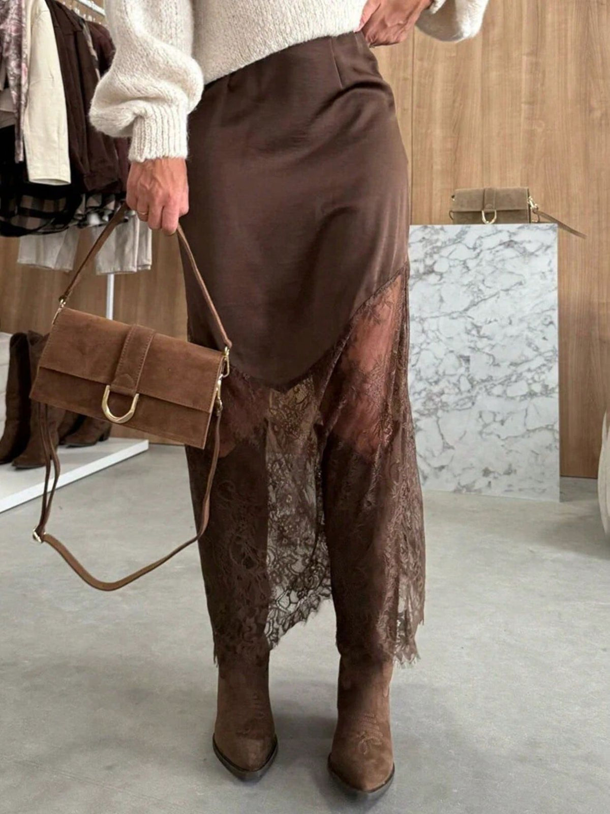 Brown satin-look midi skirt with a sheer lace-trimmed hem - alternate product view