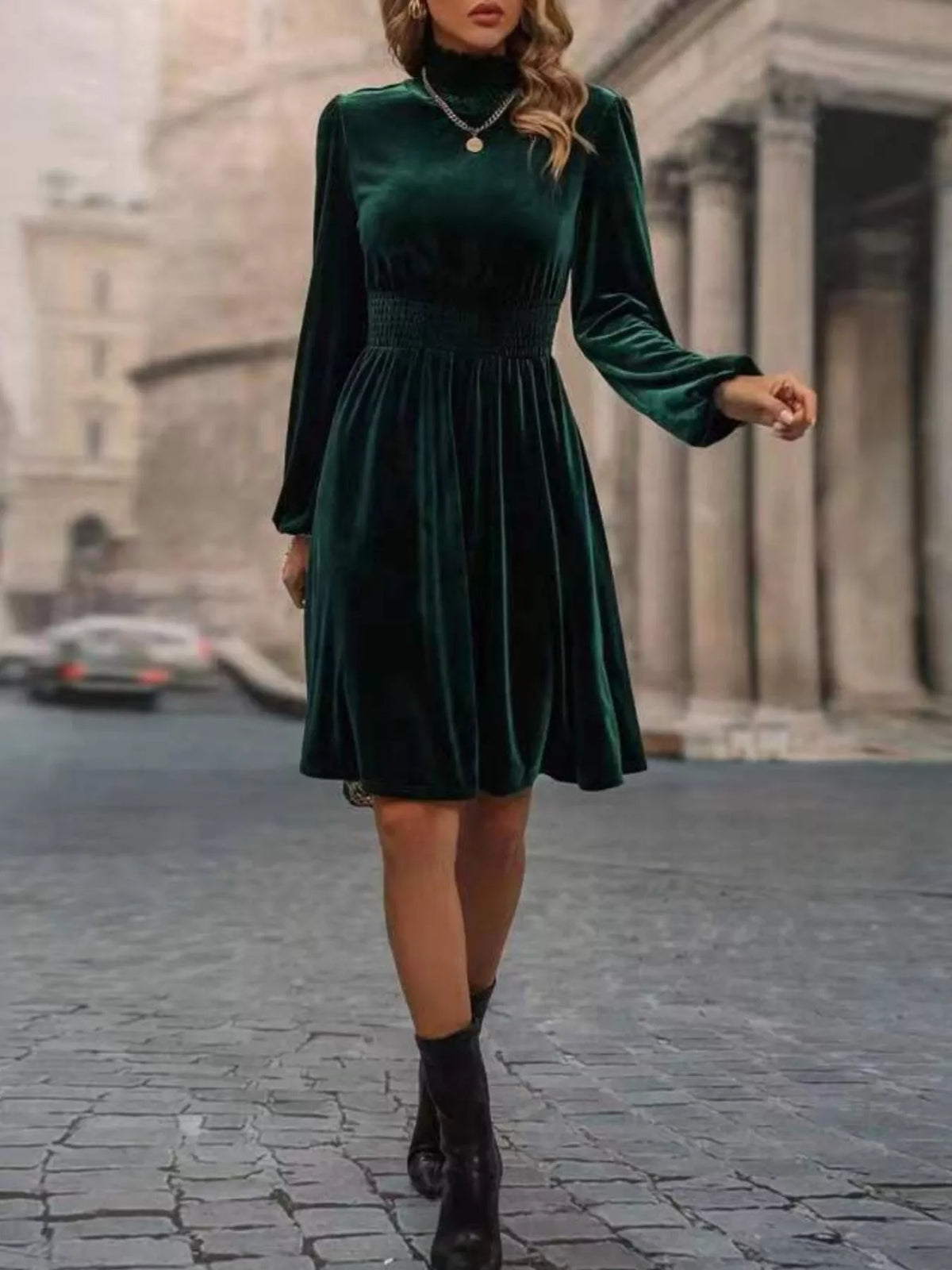 Burgundy velvet high-neck dress with long sleeves and A-line skirt - alternate product view