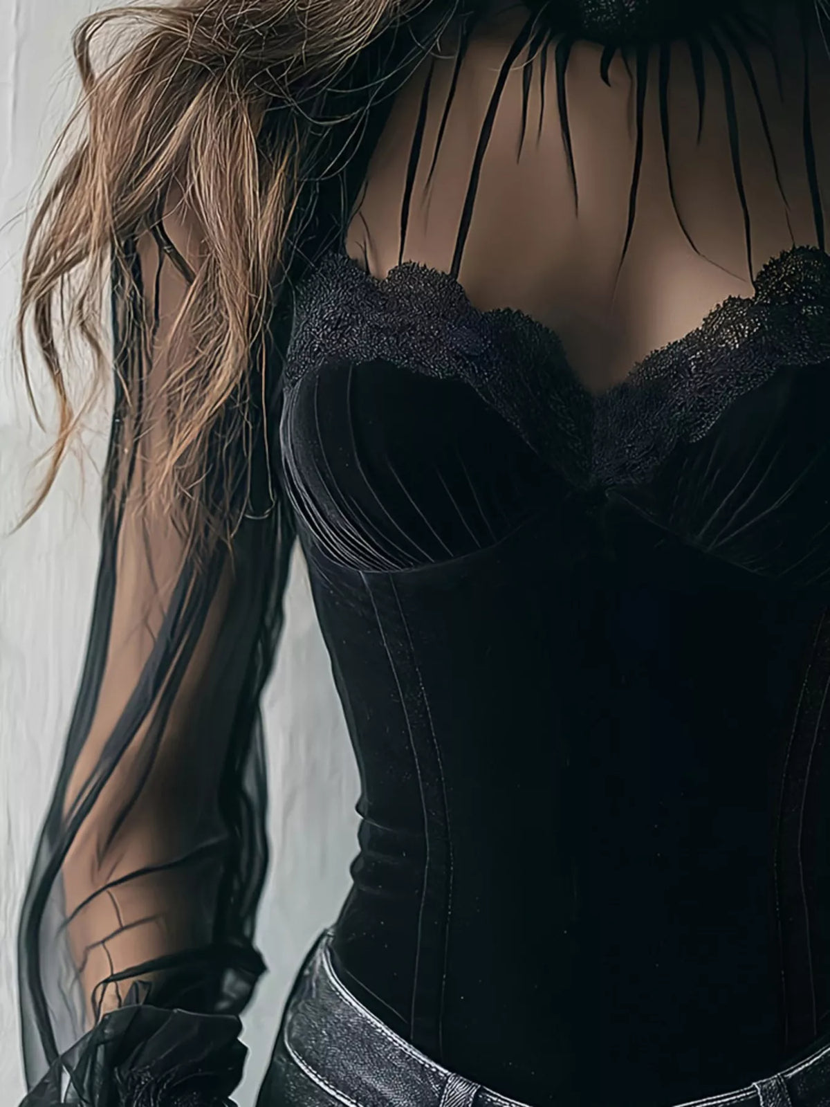Velvet-look blouse with sheer sleeves, lace trim, and ruffled neckline - alternate product view
