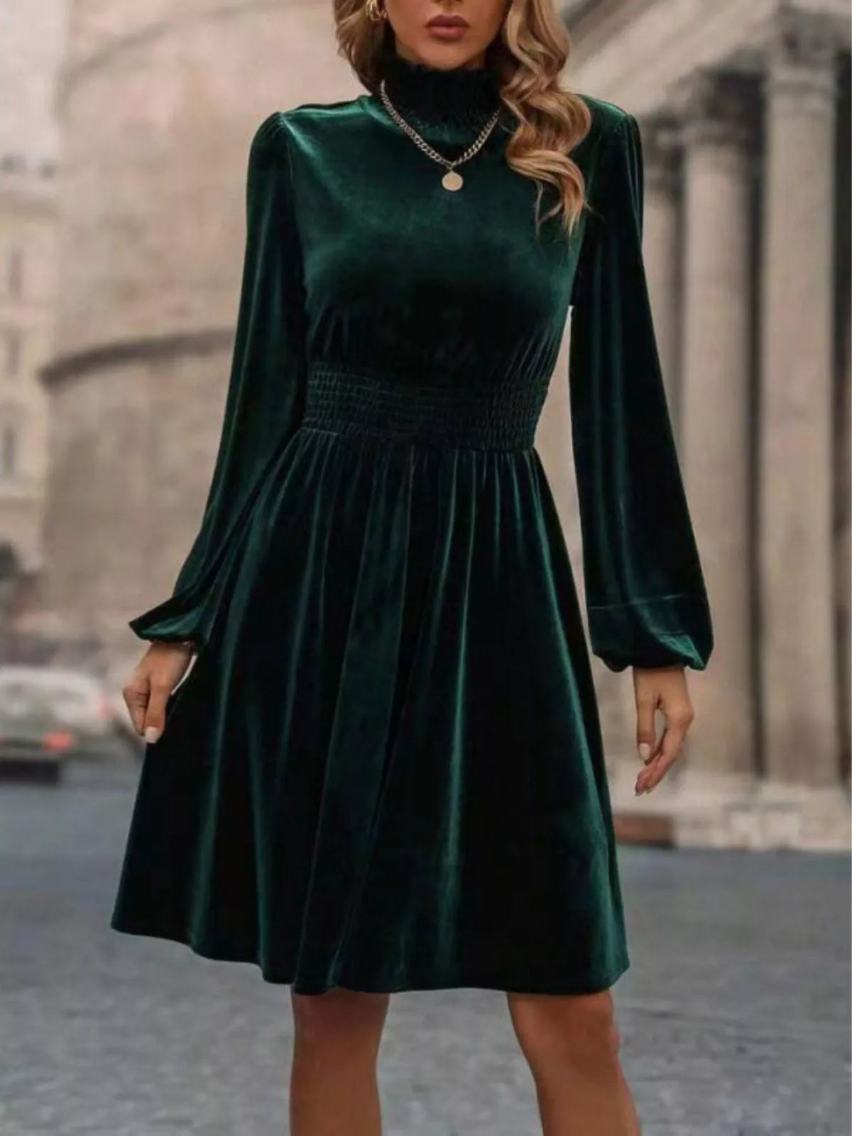 Burgundy velvet high-neck dress with long sleeves and A-line skirt - alternate product view