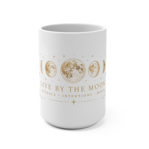 White 15 oz Live by the Moon mug with gold moon phase artwork