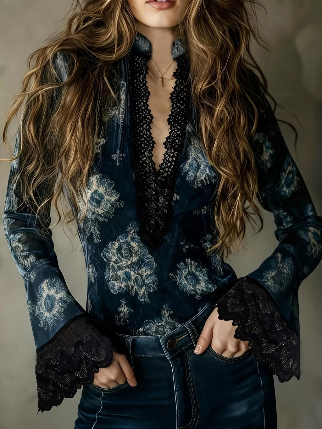 Midnight floral blouse with black lace trim and flared sleeves