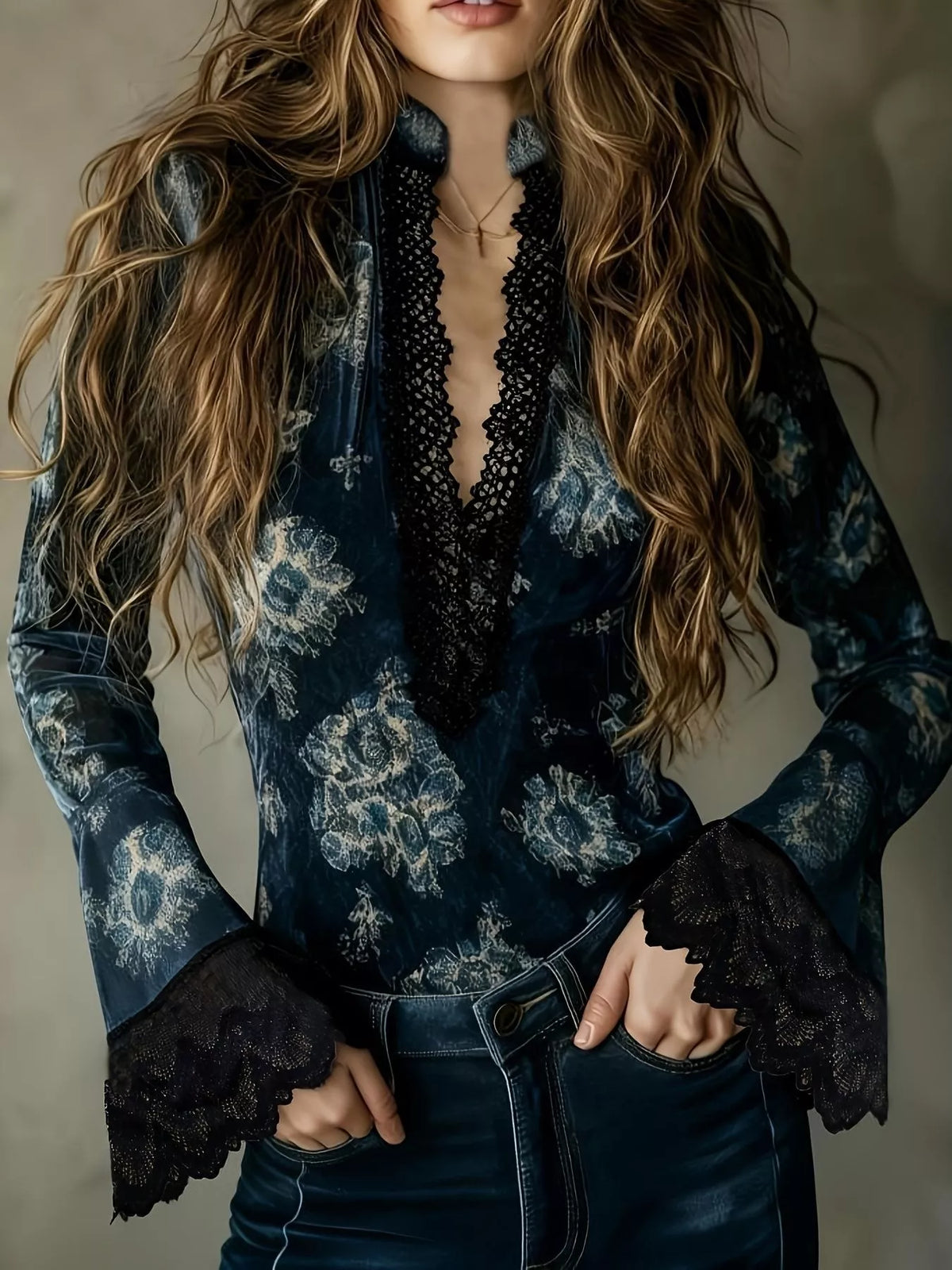 Midnight floral blouse with black lace trim and flared sleeves
