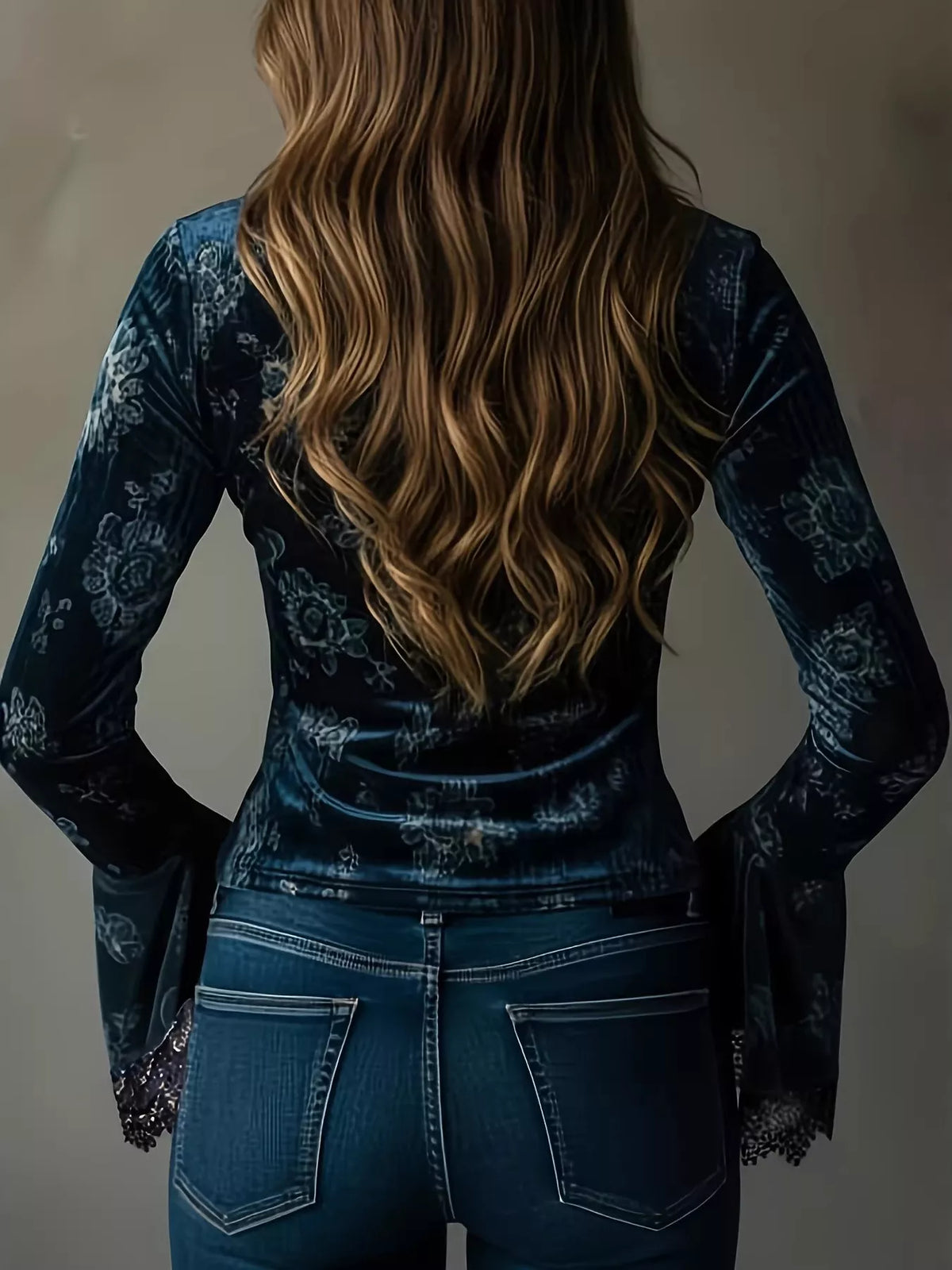 Midnight floral blouse with black lace trim and flared sleeves - alternate product view