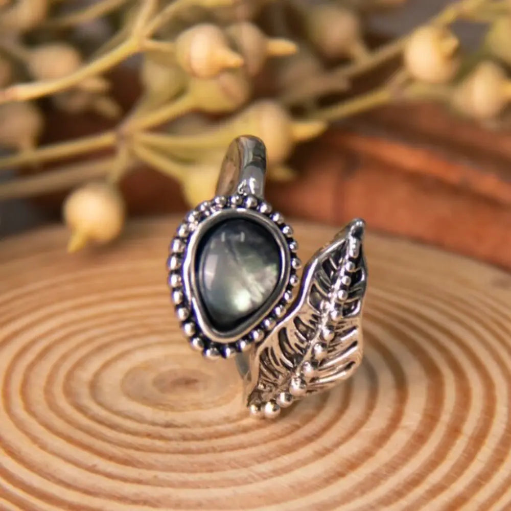Silver-tone bypass ring with moonstone and sculpted leaf detail - alternate product view
