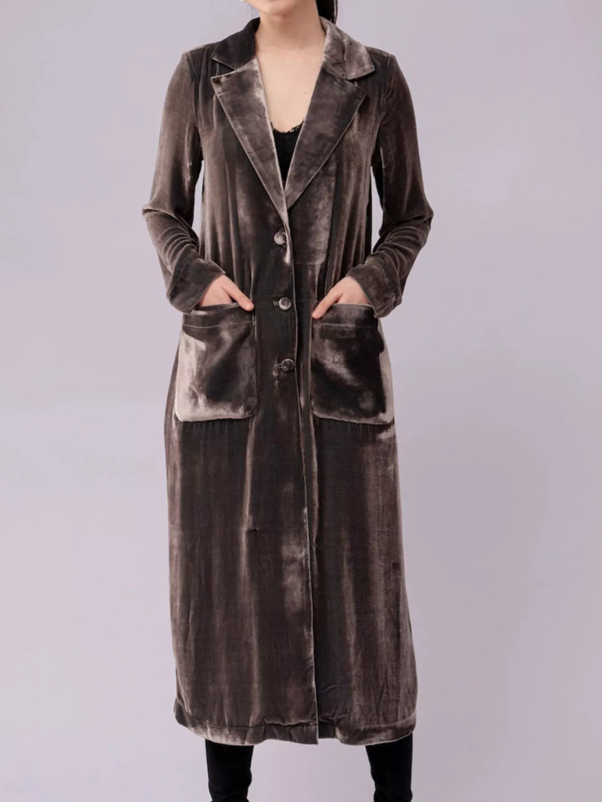 Longline velvet-look coat with lapel collar, buttons, and pockets - alternate product view