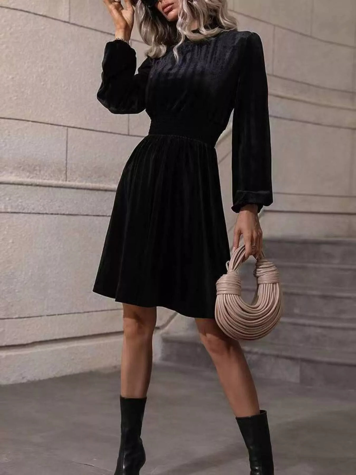 Burgundy velvet high-neck dress with long sleeves and A-line skirt - alternate product view