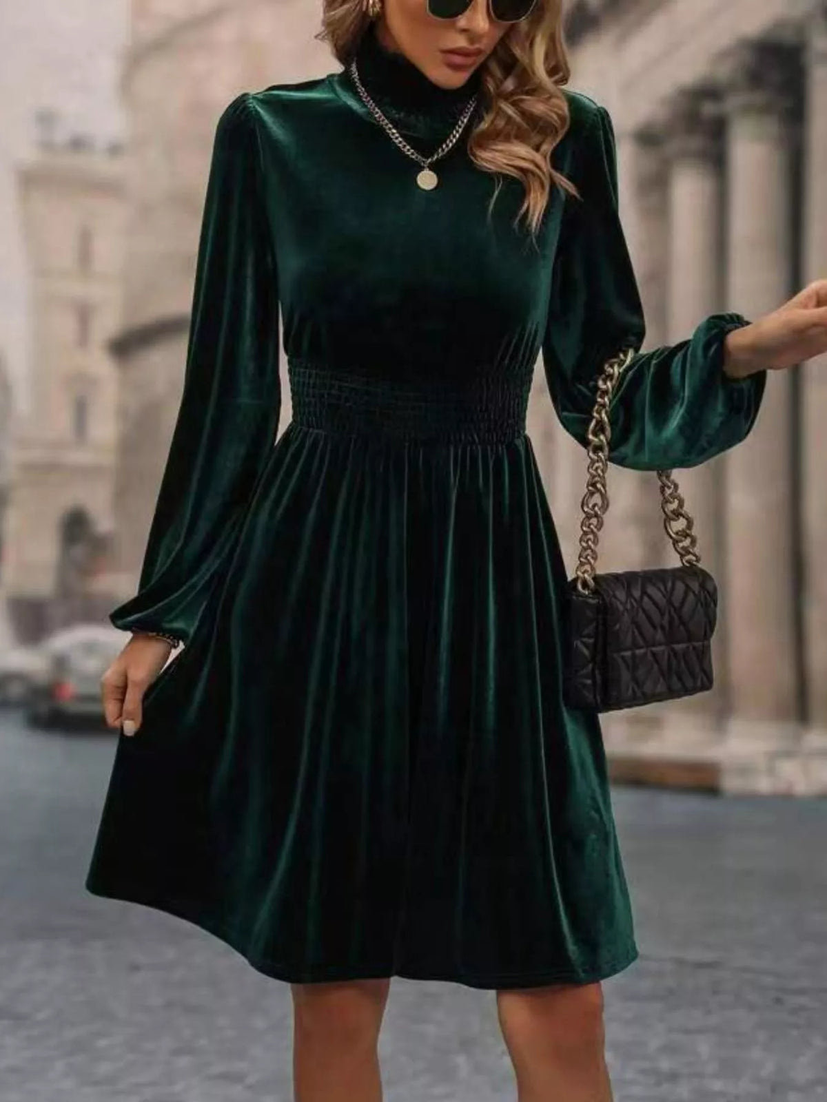 Burgundy velvet high-neck dress with long sleeves and A-line skirt - alternate product view