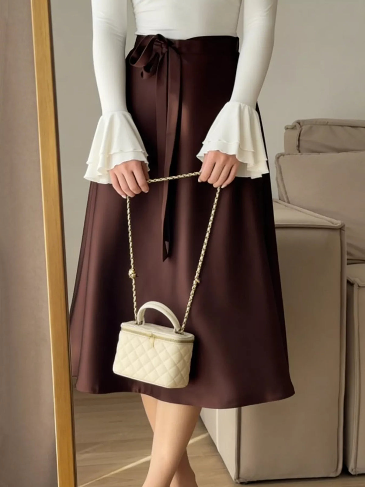 Burgundy satin-look midi skirt with a softly tied waist - alternate product view