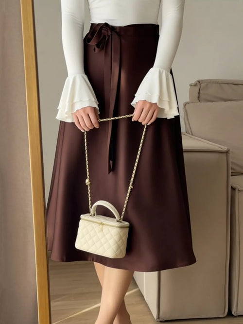 Burgundy satin-look midi skirt with a softly tied waist - alternate product view