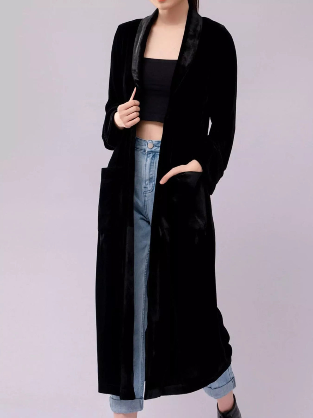 Longline velvet-look coat with lapel collar, buttons, and pockets - alternate product view