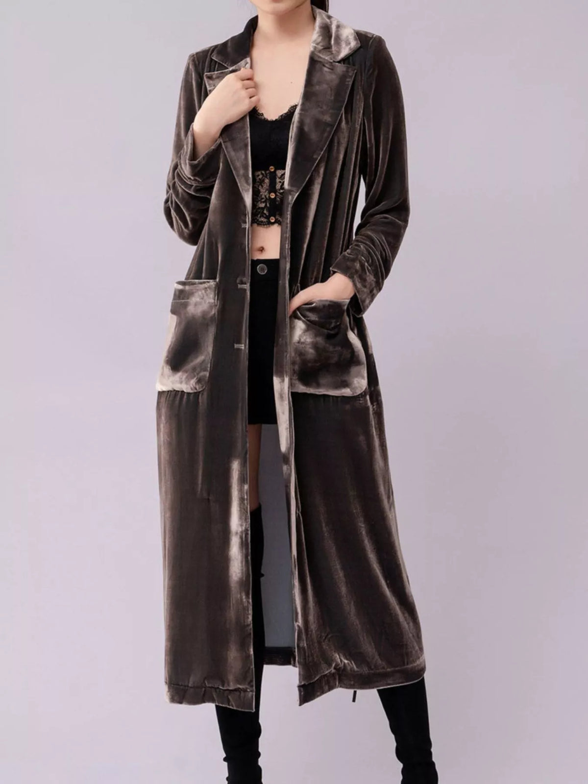 Longline velvet-look coat with lapel collar, buttons, and pockets