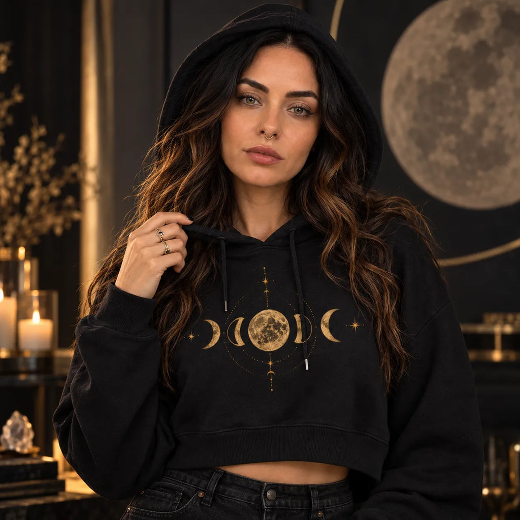 Moon Cycle Cropped Hoodie | Gold Lunar Phase Sweatshirt