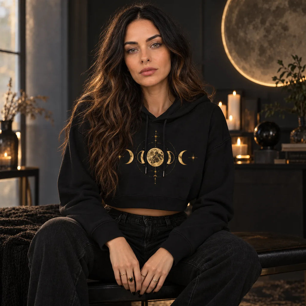 Moon Cycle Cropped Hoodie | Gold Lunar Phase Sweatshirt
