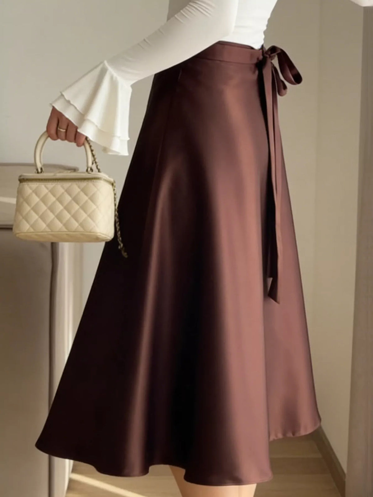 Burgundy satin-look midi skirt with a softly tied waist - alternate product view