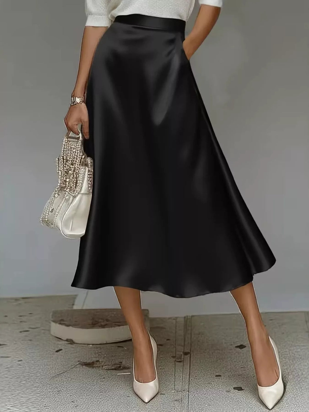 Flowing satin midi skirt with an A-line silhouette and pockets - alternate product view