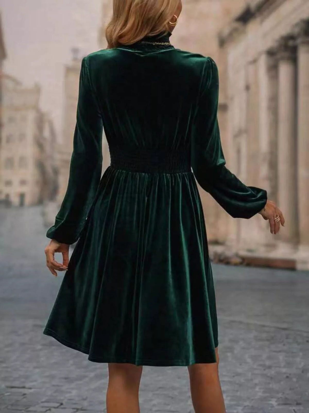 Burgundy velvet high-neck dress with long sleeves and A-line skirt - alternate product view