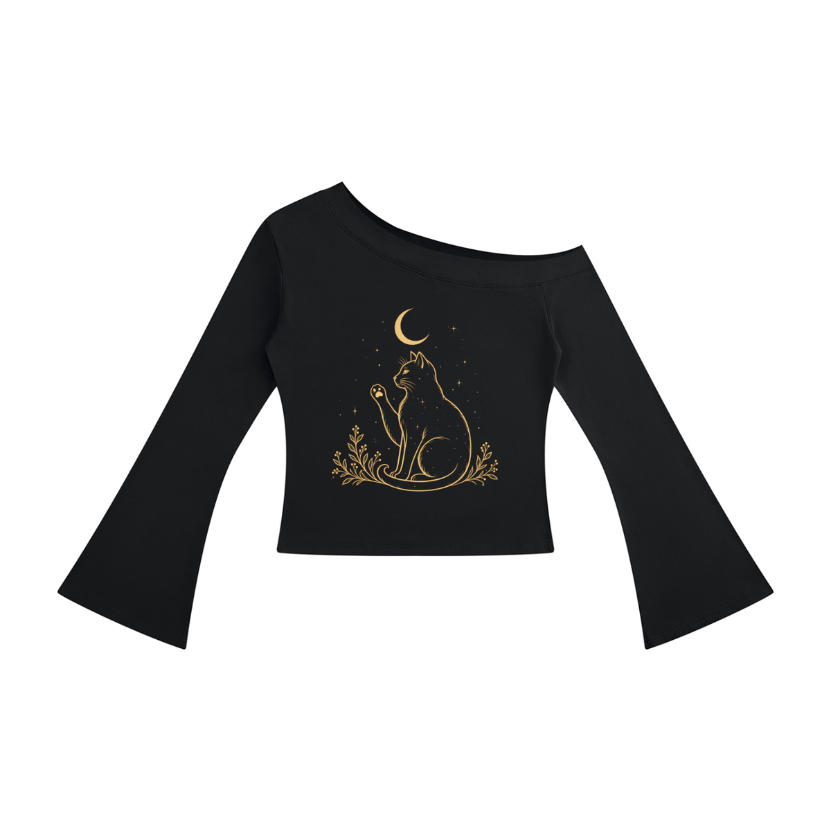 Front view of black Tivis off-shoulder bell sleeve top with antique-gold celestial cat, crescent moon, stars, and botanicals