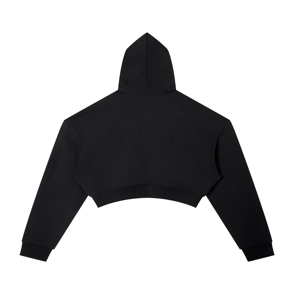 Back view of plain black cropped hoodie with hood, drop shoulders, long sleeves, and ribbed hem