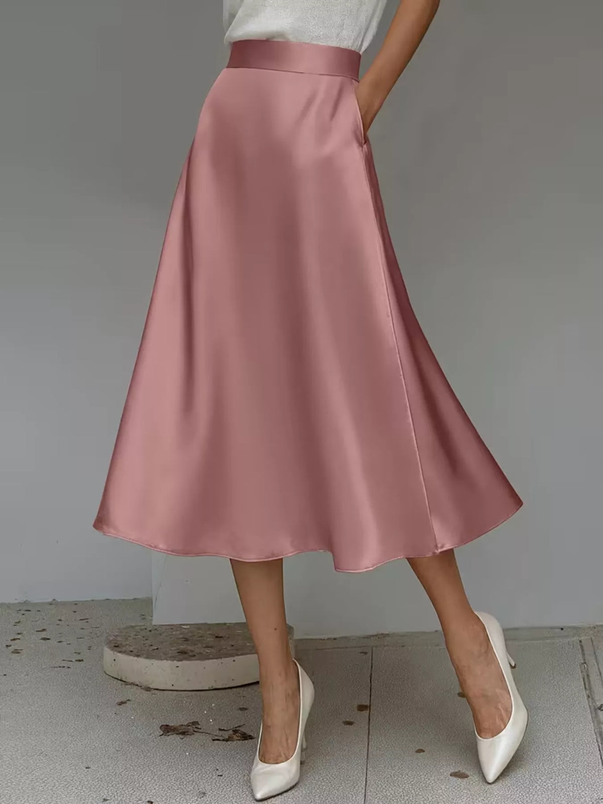 Flowing satin midi skirt with an A-line silhouette and pockets - alternate product view