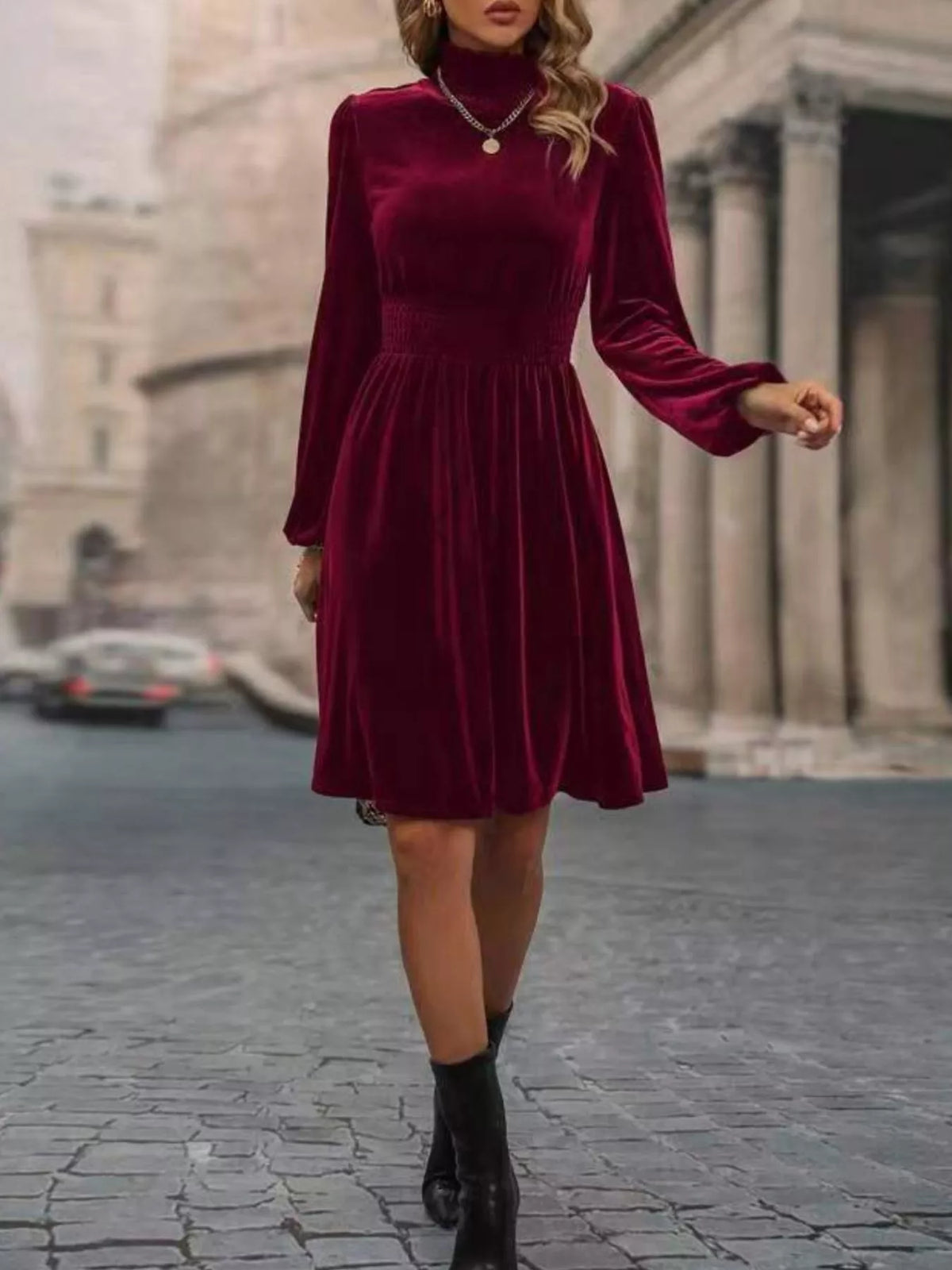 Burgundy velvet high-neck dress with long sleeves and A-line skirt - alternate product view