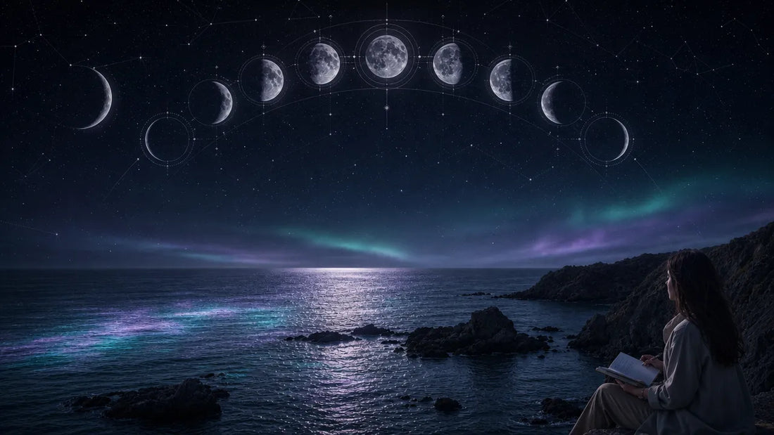 Moon phases above the ocean under a night sky