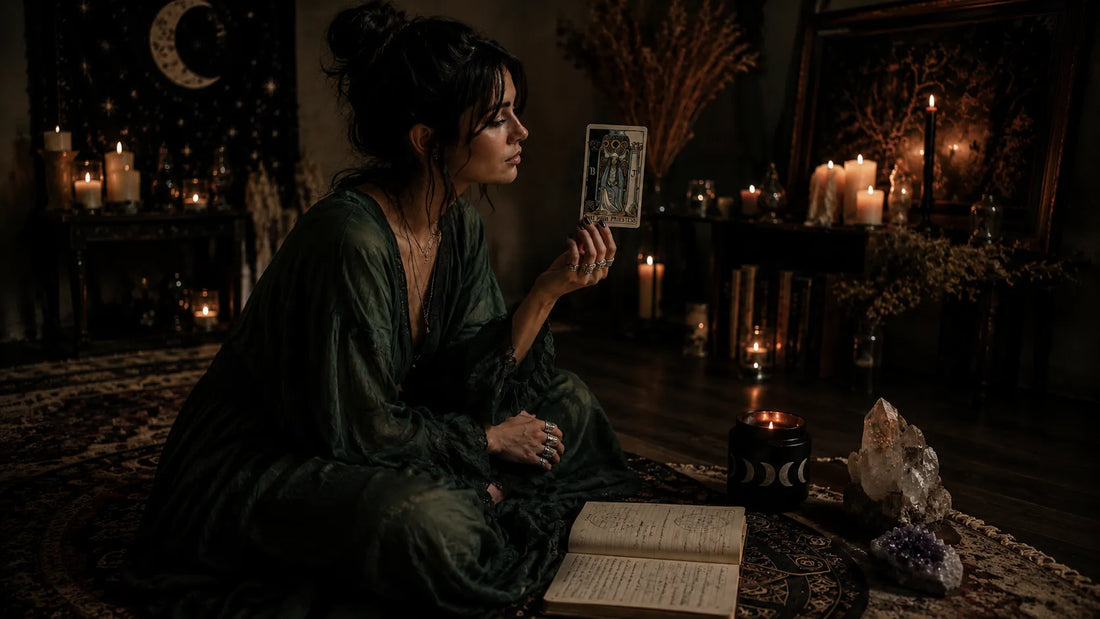 Woman reading the High Priestess tarot card in a candlelit room