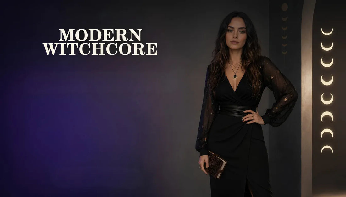 Woman wearing a modern black witchcore outfit with moon phase decor