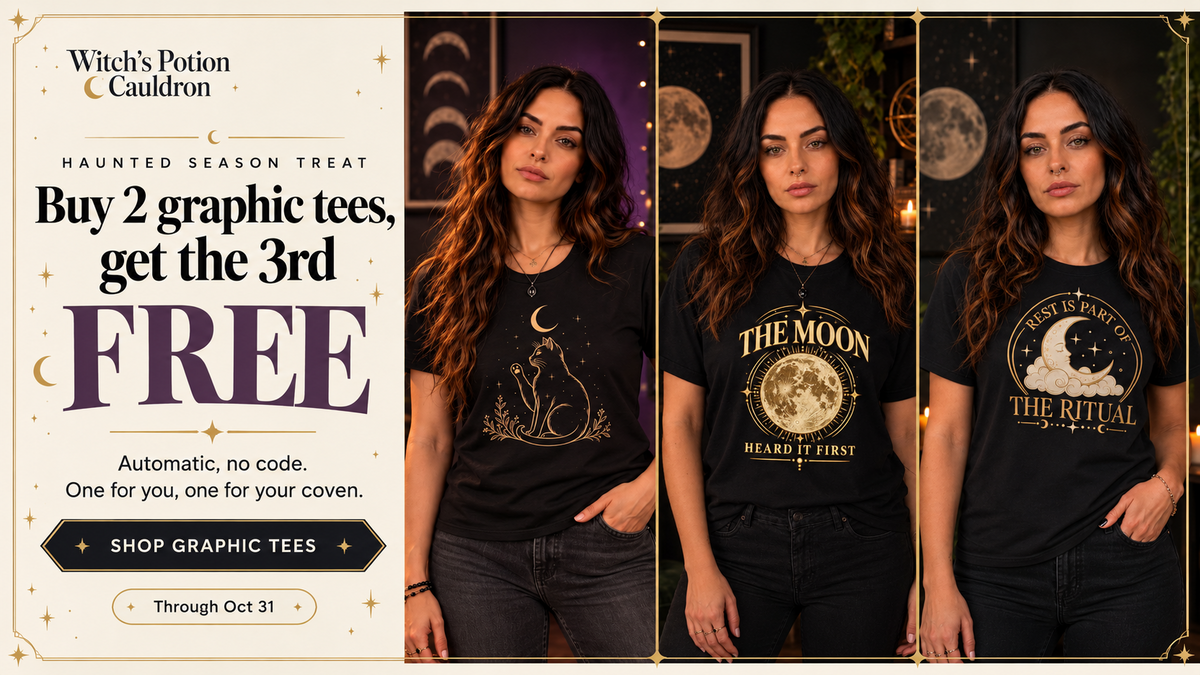 Haunted Season treat: buy 2 graphic tees, get the 3rd free. Automatic discount, no code. One for you, one for your coven. Through October 31.